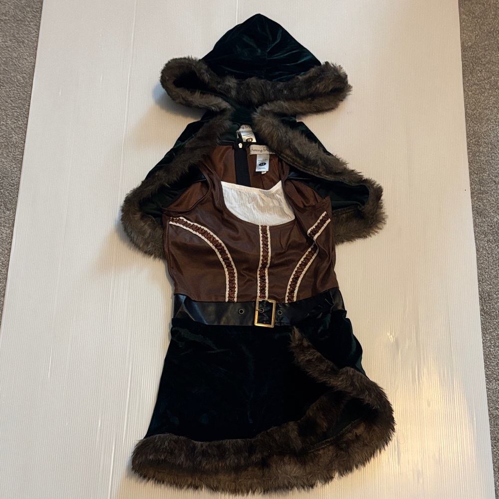 Chasing Fireflies Elf Archer Brown and Black Hooded Dress with Fur Trim
